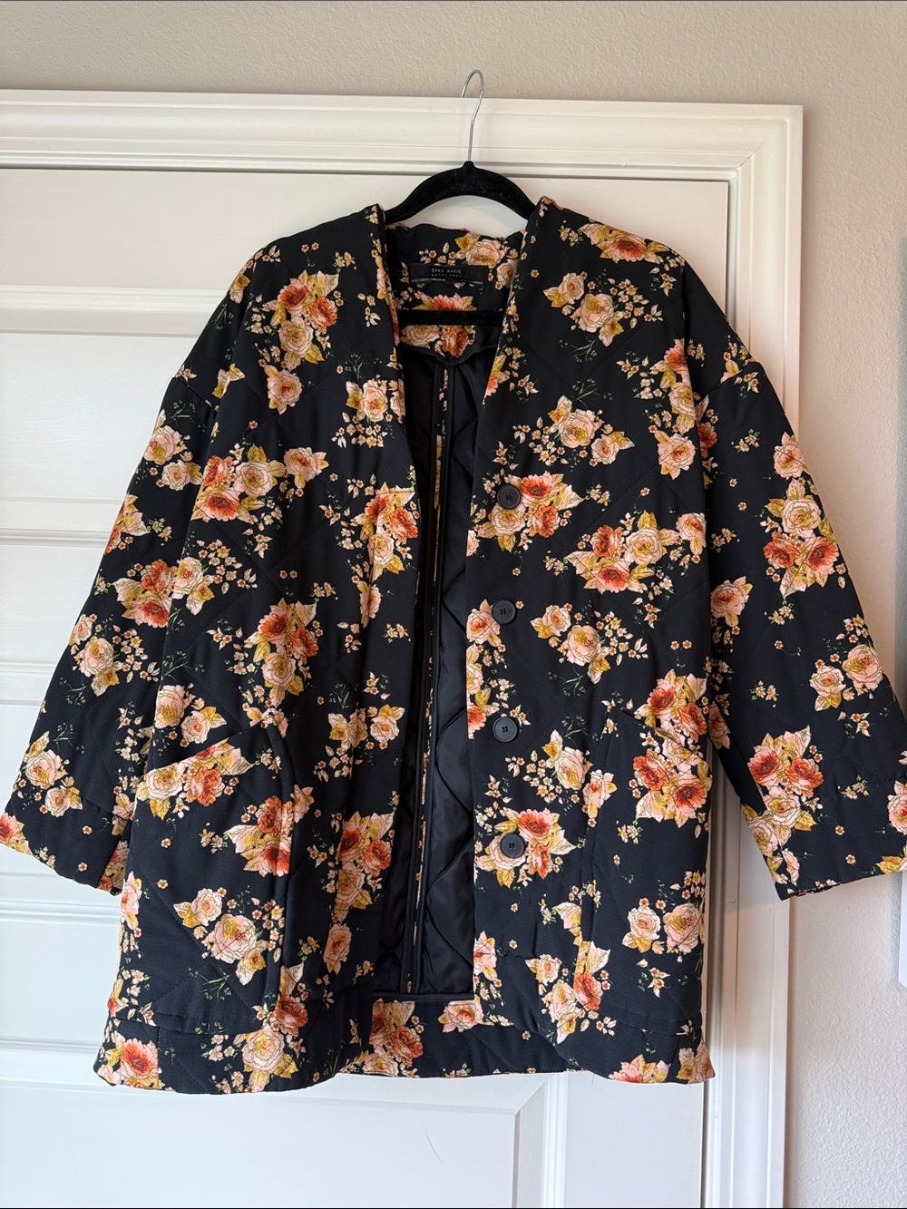 Zara Black Quilted Jacket with Peach and Cream Floral Print